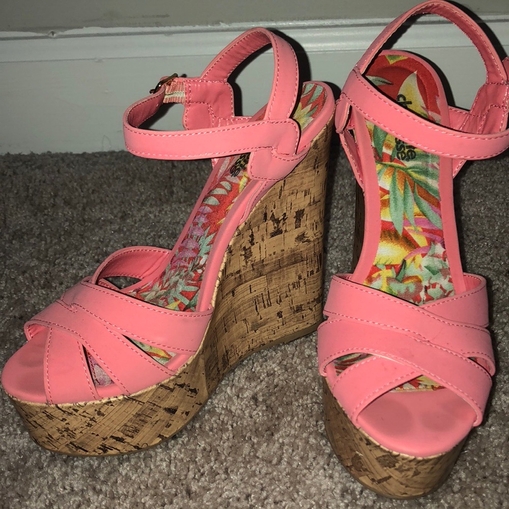 Pink Suede Ankle Wrap Cork Wedge Sandals.